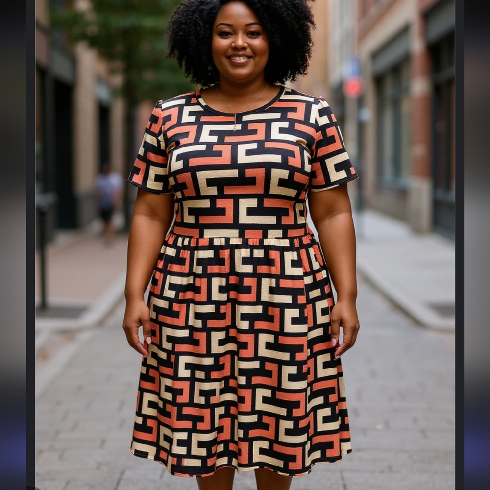 LuLaroe Coral, Black & Cream Geometric Amelia Dress